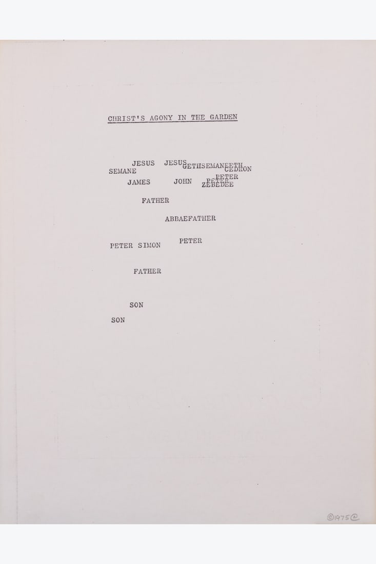 Carl Andre (1935-2024) Christ's Agony in the Garden, 1975: Carl Andre (1935-2024)Christ's Agony in the Garden, 1975Typescript on paperSigned and dated lower rightBears the index number: "LYRI 589" on the reverse28×22cmProvenance: Private collection, Pari