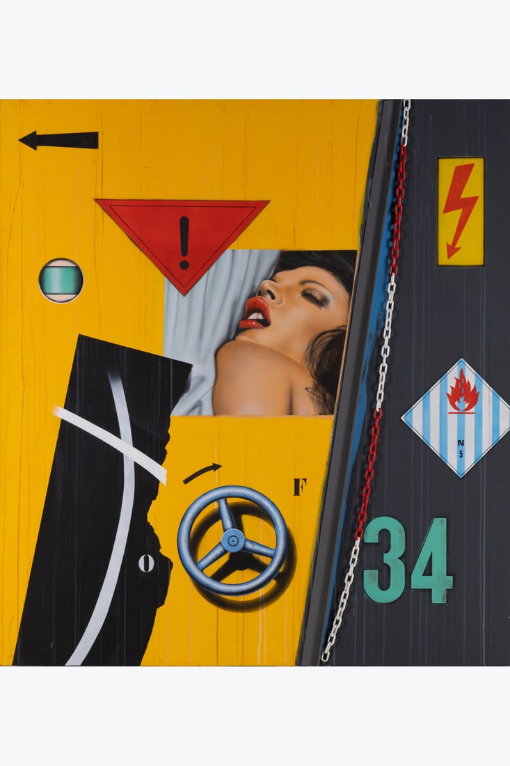 Peter Klasen (born in 1935) Fragments dream n°2 (!) 34, 2002: Peter Klasen (born in 1935)Fragments dream n°2 (!) 34, 2002Acrylic, spray paint, metal bar and chain on canvasSigned, dated and titled on the reverse200× 180cmProvenance: Private collection,