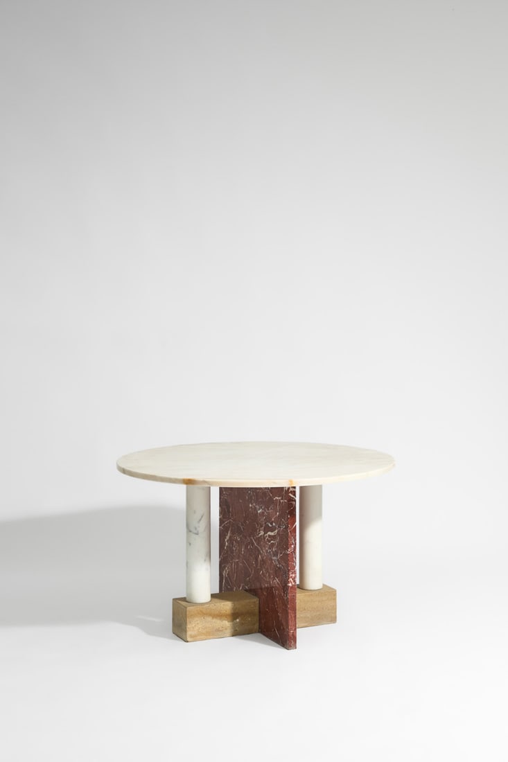 Marco Zanini (born in 1954) Side table - 'Mesarosso' model Prototype Carrara marble, Rosa: Marco Zanini (born in 1954)Side table - 'Mesarosso' modelPrototypeCarrara marble, Rosa Portogallo, Rosso Barocco and Pietra DorataUp & Up editionModel created around 1985H 50 x D 70 cmCondition : chip