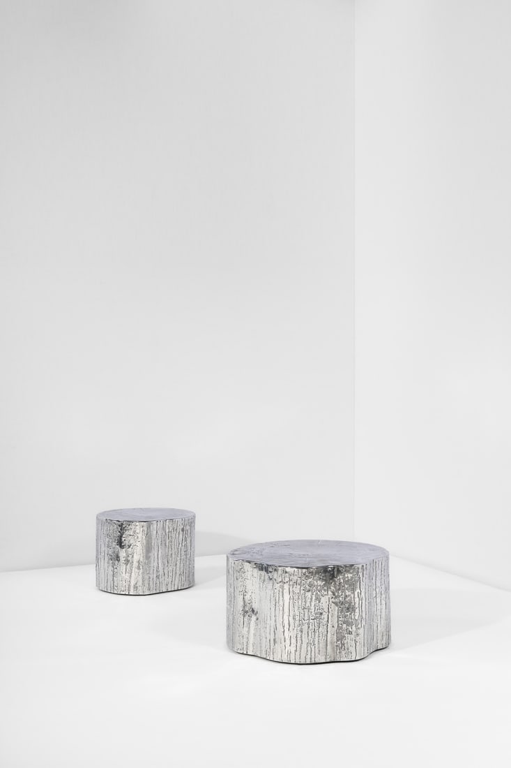 Andrea Salvetti (1967–2017): Andrea Salvetti (1967–2017)Pair of side tables - Model ‘Tronchi Corteccia’ Cast aluminum Engraved signature ‘Andrea Salvetti’ Model created in 2014 H 40×Ø 55 cm