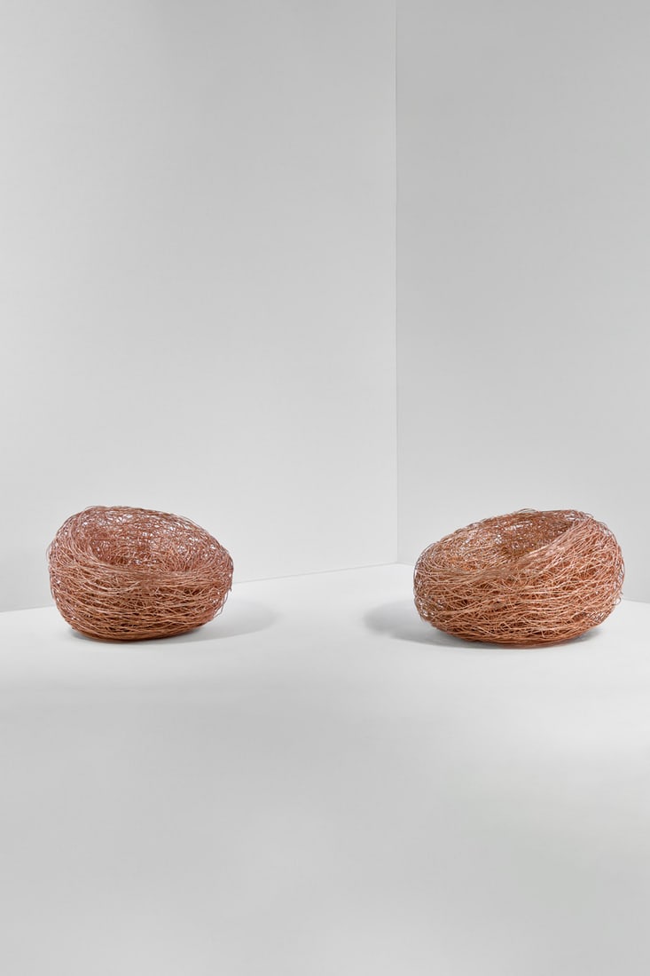 Andrea Salvetti (1967-2017) Pair of armchairs - Model ‘Nido’: Andrea Salvetti (1967-2017)Pair of armchairs - Model ‘Nido’Anodized aluminumAvant-Scène editionSigned, titled, and dated on metal plate under the seatsModel created in 2006H 65×&