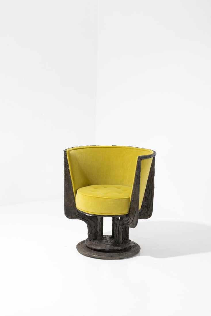 x Paul Evans (1931-1987) Swivel armchair - Model PE 141: x Paul Evans (1931-1987)Swivel armchair - Model PE 141Unique pieceResin-coated bronze, plywood and fabricSigned and dated 'PE 75' on the baseModel created in 1975H 82 x W 75 x D 64 cm