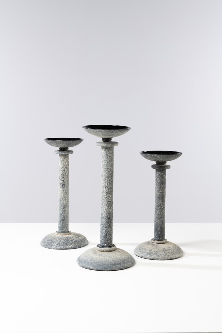 x Karl Springer (1931-1991) Set of three candlesticks - 'Corroso' model: x Karl Springer (1931-1991)Set of three candlesticks - 'Corroso' modelScavo glass and brassSeguso editionSigned 'Karl Springer' under the baseModel created in the 1970sH 48 x Ø 21 cmH 42 x Ø