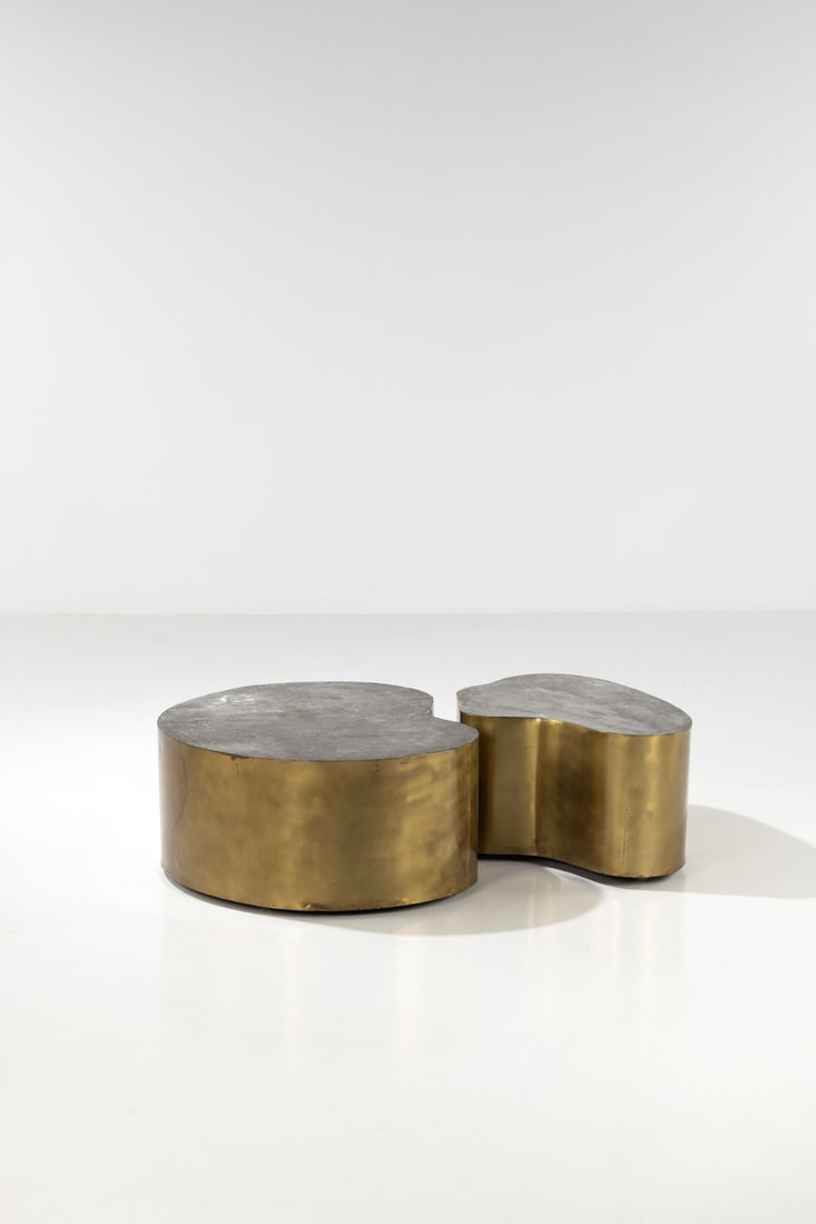 x Silas Seandel (born 1937) Pair of coffee tables - 'Bronze Forms II' model: x Silas Seandel (born 1937)Pair of coffee tables - 'Bronze Forms II' modelBronze and patinated steelEngraved 'Silas Seandel' on the small trayModel created in the 1960sH 39 x W 88 x D 78cmH 39 x W 76