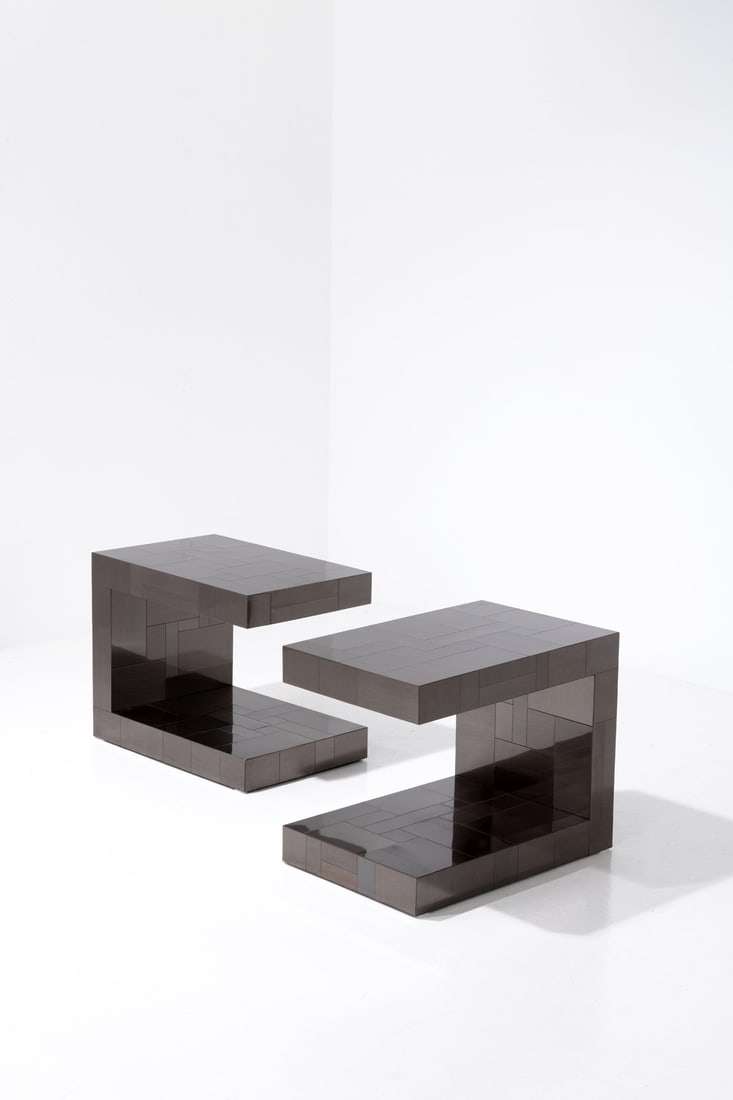 x Paul Evans (1931-1987) Pairs of side tables - 'Cityscape' model: x Paul Evans (1931-1987)Pairs of side tables - 'Cityscape' modelChrome-plated steelPaul Evans Studio edition for Directional Paul Evans label under the topsModels created in1975H 61 x W 76 x D 51 cm
