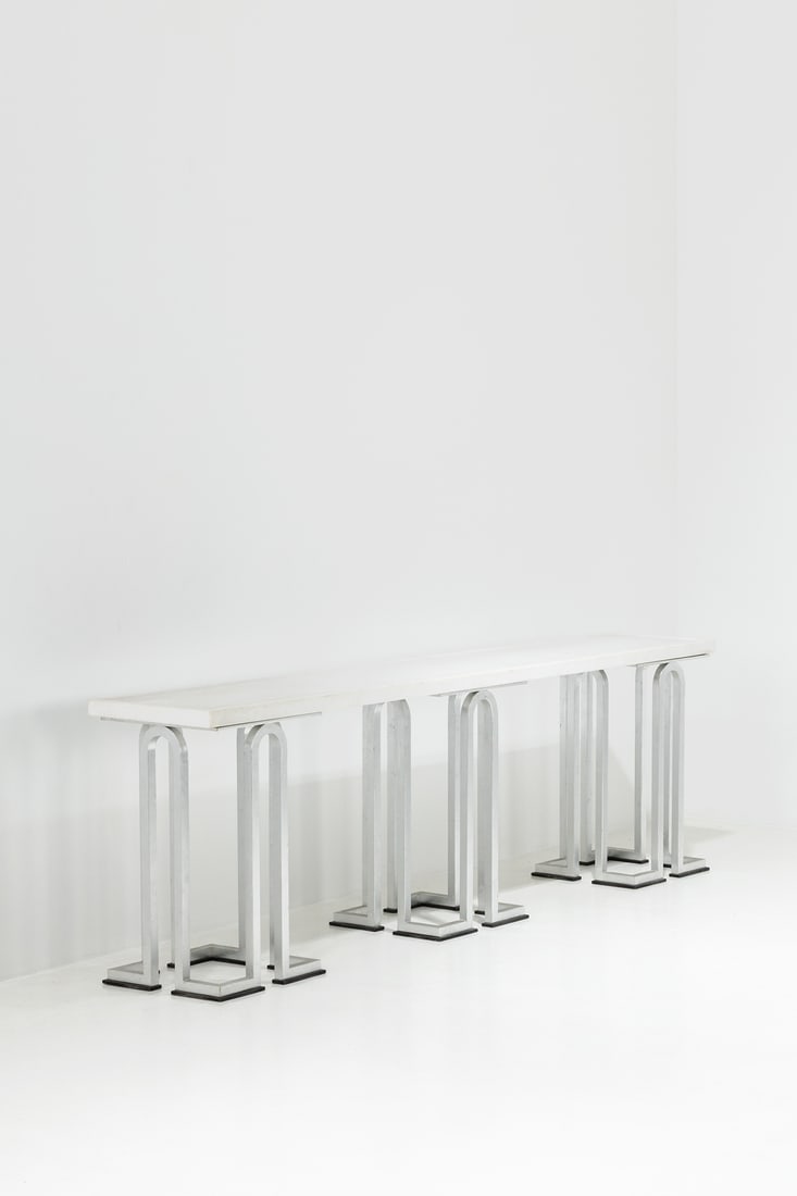 Nicolas Aubagnac (born in 1971) Console table - 'Rhodes' model Limited edition Solid forged steel: Nicolas Aubagnac (born in 1971)Console table - 'Rhodes' modelLimited editionSolid forged steel gilded with white gold and Neve marbleNicolas Aubagnac edition, limited to 8 copiesArtist's stamp and sig