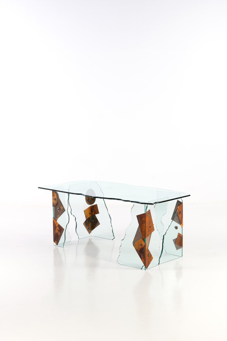 Danny Lane (born 1955) in collaboration with Ron Arad (born in 1951) Dining table - 'Broken glass': Danny Lane (born 1955) in collaboration with Ron Arad (born in 1951) Dining table - 'Broken glass' modelGlass and hammered steelOne-off edition, limited to 5 piecesModel created in 1985H 73 × W 180.5