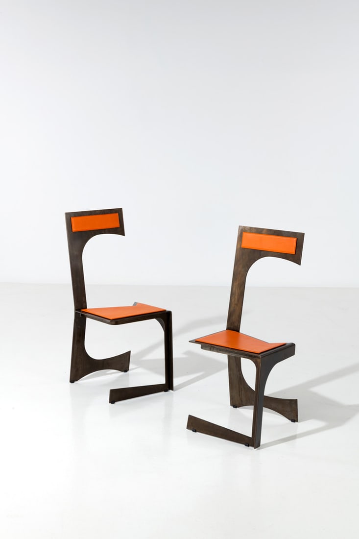 Francesci Marino Di Teana (1920-2012) Pair of chairs - 'Architectural Furniture' series No: Francesci Marino Di Teana (1920-2012)Pair of chairs - 'Architectural Furniture' seriesNo.18/48 and 25/48Burnished steel and leatherLoft edition, limited to 48 copiesNumbered 18/48 and 25/48, stamped b