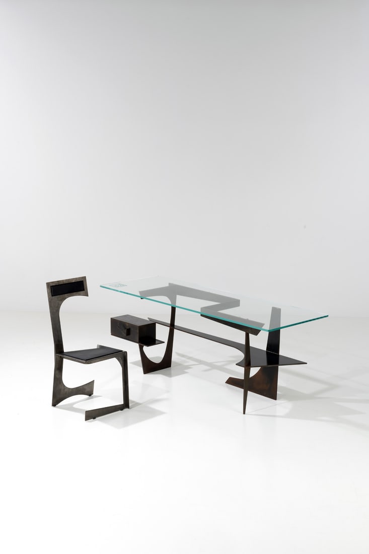 Francesci Marino Di Teana (1920-2012) Desk and chair - 'Mobilier Architectural' series Limited: Francesci Marino Di Teana (1920-2012)Desk and chair - 'Mobilier Architectural' seriesLimited editionBurnished steel, glass and leatherLoft edition, limited to 48 copies (chair) and 8 copies + 4 artist