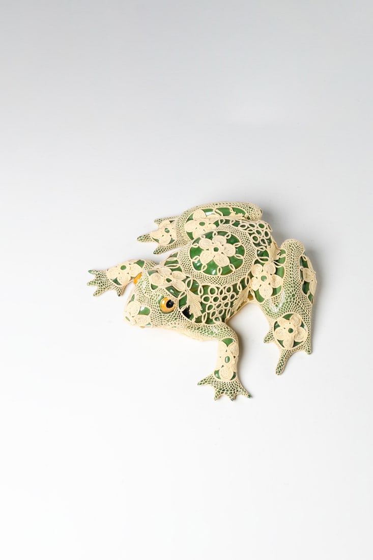 xx Joana Vasconcelos (née en 1971) Topaz Polychrome enamelled faience and Azores crochet lace: xx Joana Vasconcelos (née en 1971)TopazPolychrome enamelled faience and Azores crochet lace Rafael Bordalo PinheiroSigned, titled and dated on the reverseModel created in 2014H 13×W 39×