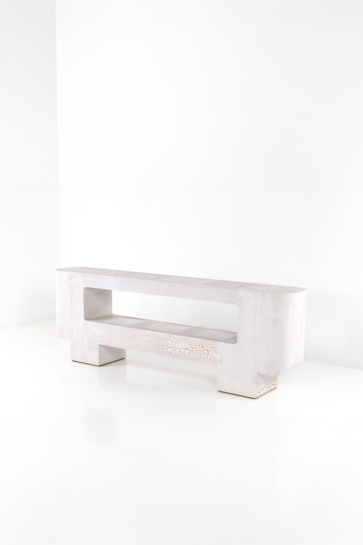 Charles Tassin (born in 1959) & Maylis Tassin (born in 1970): Charles Tassin (born in 1959) & Maylis Tassin(born in 1970)Console table - ‘Archh’ modelWeathered woodMay editionModel created in 2020H 84×W 195×D 40 cm