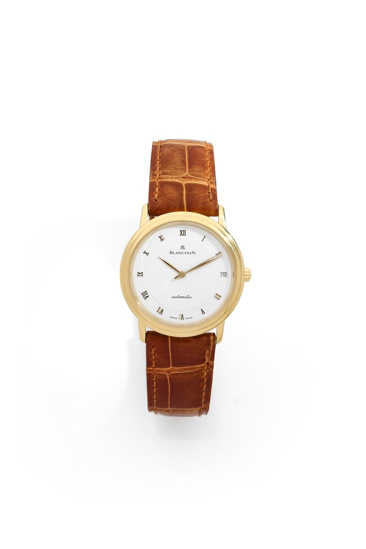 BLANCPAIN No. 608: BLANCPAINNo. 60818k (750) yellow gold wristwatchCase: round, signed crown, snap-on case back engraved with initials, signedDial: white, applied hour markers, gold leaf hands, central seconds hand, dat
