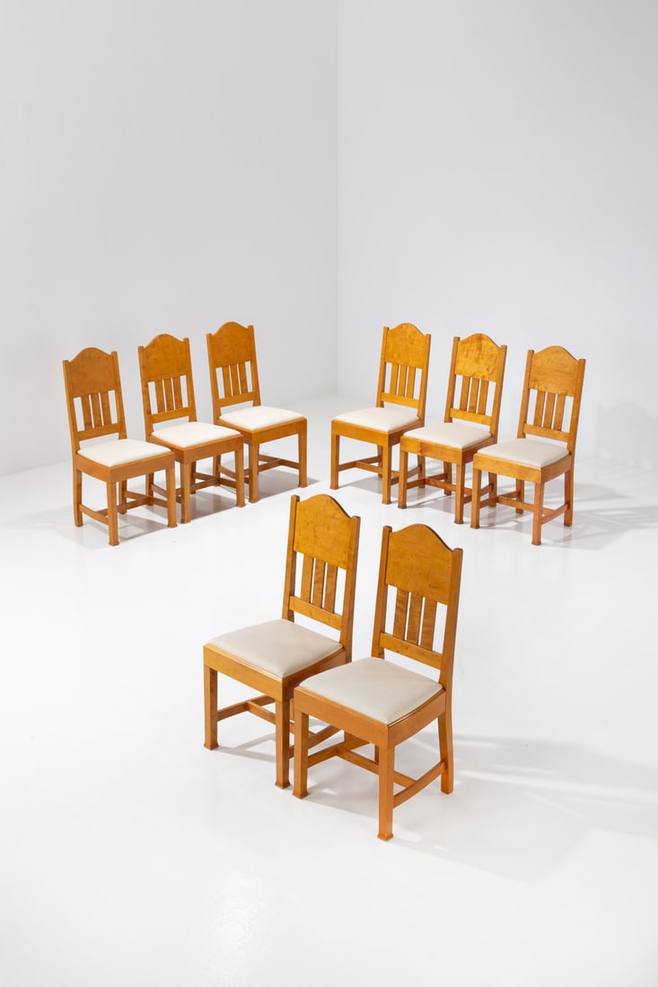 Carl Westman (1866-1936), attributed to Set of eight chairs: Carl Westman (1866-1936), attributed toSet of eight chairsBirch and fabricEdited by Bröderna ErikssonModel created circa 1915H 99×L 45,5×W 42cm