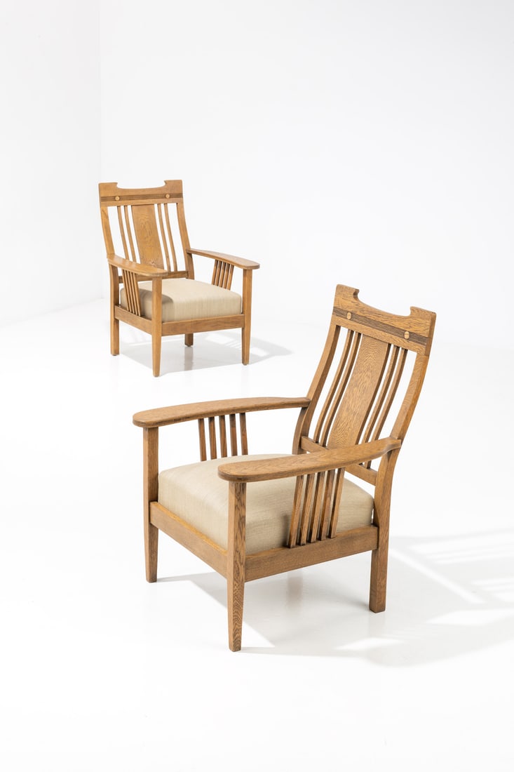 Carl Westman (1866-1936), attributed to Pair of armchairs: Carl Westman (1866-1936), attributed toPair of armchairsOak and fabricModel created circa 1910H 96,5×L 75×W 72cm