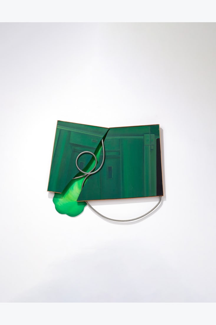 Jacques Monory (1924-2018) Le vert assassin, soirée cinématographique (The Killer Green,: Jacques Monory (1924-2018)Le vert assassin, soirée cinématographique (The Killer Green, film evening), 1966Oil on canvas mounted on wood panel, painted wood, and shower hoseSigned and dated