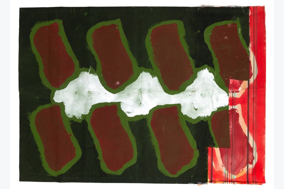 Claude Viallat (born in 1936) Untitled, 2011: Claude Viallat (born in 1936) Untitled, 2011Acrylic on collage of military tarpaulin and fabric 148 x 102 cmProvenance:Galerie Ceysson & Bénétière, ParisPrivate collection, BelgiumA certificate of