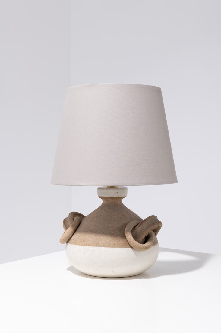 Bruno Gambone (1936-2021) Table lamp: Bruno Gambone (1936-2021)Table lampGlazed stoneware and fabricModel created around 1970Base: H 22×Ø 27 cm With lampshade: H 47×Ø 33 cm