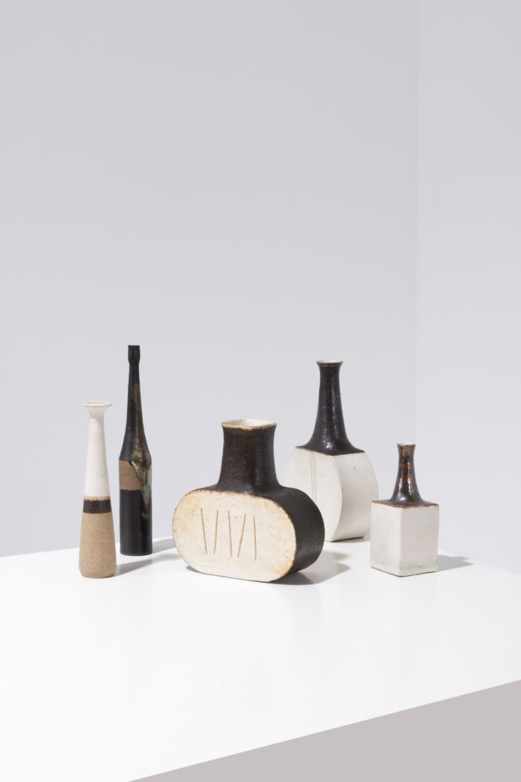 Bruno Gambone (1936-2021) Set of five single-flower vases: Bruno Gambone (1936-2021)Set of five single-flower vases Glazed stonewareEach signed ‘Gambone Italy’Models created around 1970Largest: H 30×Ø 4.5 cmSmallest: H 17.5×L 7.5