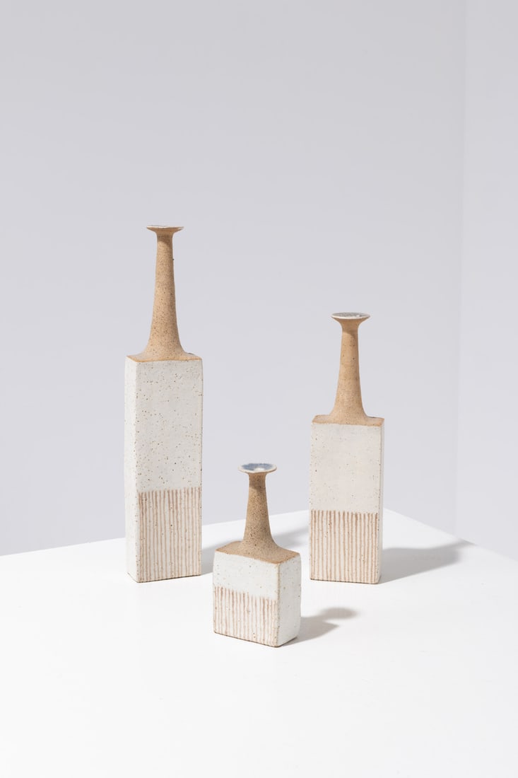 Bruno Gambone (1936–2021) Set of three single-flower vases: Bruno Gambone (1936–2021)Set of three single-flower vasesGlazed stonewareModels created around 1970Large: 34.5 x 7 x 4 cmMedium: 26 x 7 x 4 cmSmall: 15 x 7 x 4 cm
