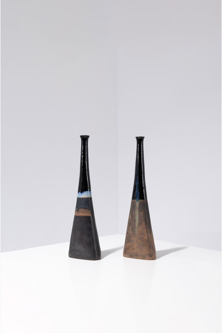 Bruno Gambone (1936–2021) Set of two single-flower vases: Bruno Gambone (1936–2021)Set of two single-flower vasesGlazed stonewareModels created around 1970H 46.5 × W 14 × D 6 cm