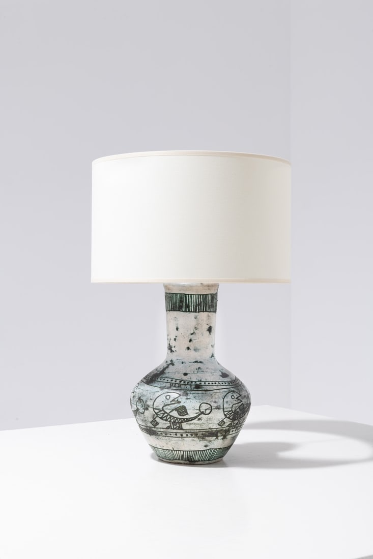 Jacques Blin (1920 - 1995) Lamp: Jacques Blin (1920 - 1995)LampGlazed ceramic and textileSigned “J. Blin” under the baseModel created around 1960Base: H 10.6 × Ø 7.5 inchesWith lampshade: H 17.7 × Ø 11