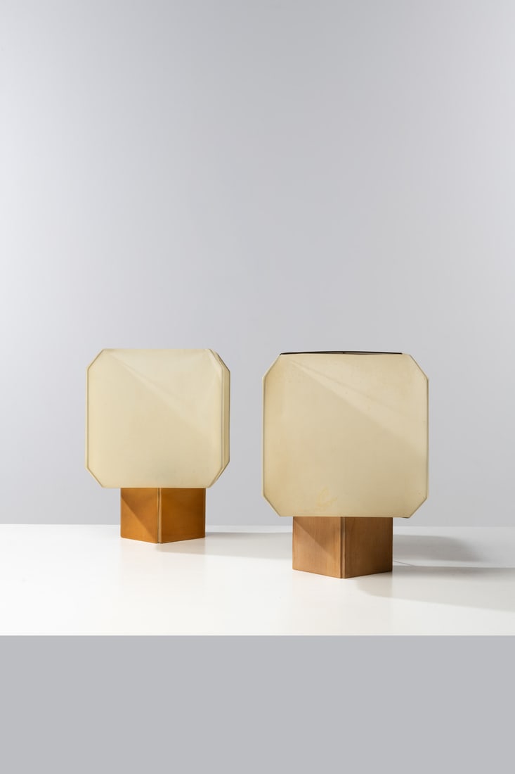 Bruno Munari (1907-1998) Pair of table lamps - 'Bali' model Plywood, metal, and waxed paper Danese: Bruno Munari (1907-1998)Pair of table lamps - 'Bali' modelPlywood, metal, and waxed paperDanese editionManufacturer's stampModel created in 1958H 42 × W 30 × D 30 cm