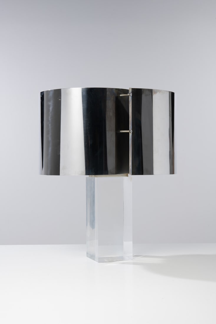 Gianfranco Fini (born 1936) and Fabrizio Cocchia (born 1931) Table lamp - ‘Cesca’ model: Gianfranco Fini (born 1936) and FabrizioCocchia (born 1931)Table lamp - ‘Cesca’ modelChrome metal and methacrylateNew Lamp EditionModel created in 1971H 58.5×L 48×D 43 cmBibliogr