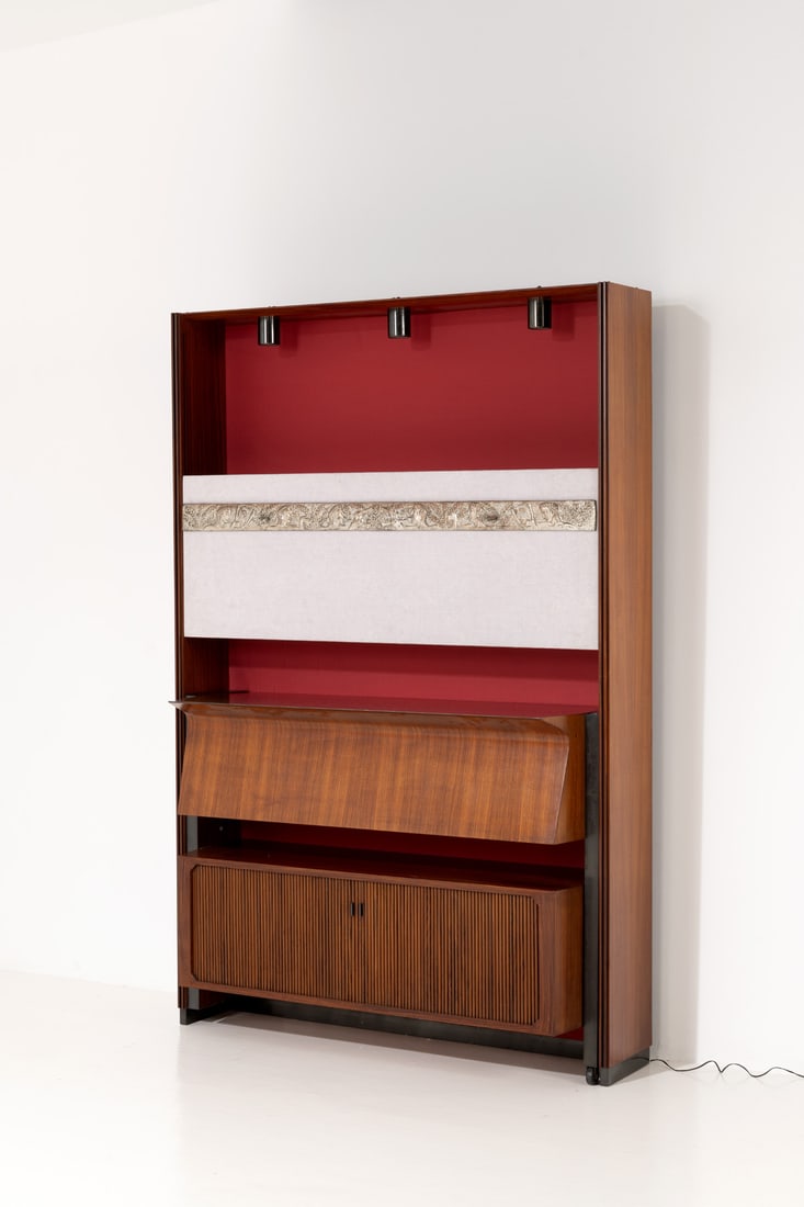 Osvaldo Borsani (1911-1985) Bar cabinet with lamp: Osvaldo Borsani (1911-1985)Bar cabinet with lampWood, lacquered wood, fabric, steel and glassEdited by Arredamenti Borsani VaredoModel created in 1954H 210×L 140×W 40cm (closed)H 210×L