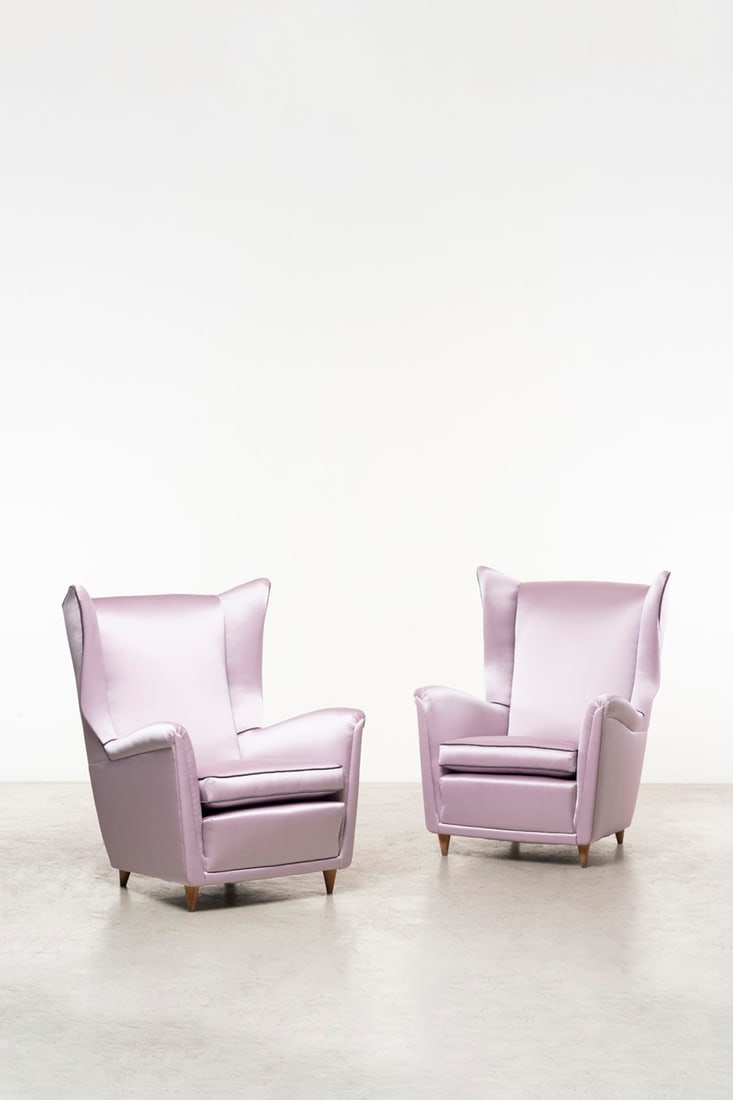 Melchiorre Bega (1898-1976) Pair of armchairs Walnut and fabric Model created circa 1950 H 104 ×: Melchiorre Bega (1898-1976)Pair of armchairsWalnut and fabricModel created circa 1950H 104 × W 79 × D 90 cm