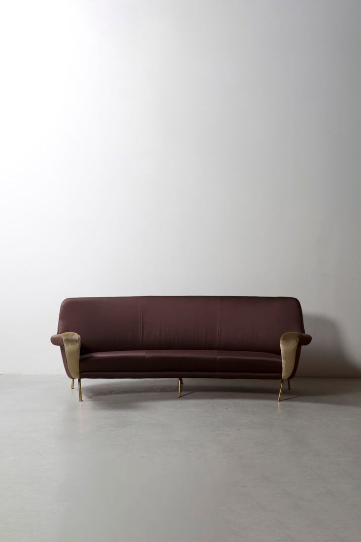 Gianfranco Frattini (1926-2004) Sofa - Model '830' Cassina Edition Brass and painted metal frame: Gianfranco Frattini (1926-2004)Sofa - Model '830'Cassina EditionBrass and painted metal frame with fabric upholsteryModel created in 1955H 85 × W 230 × D 110 cm