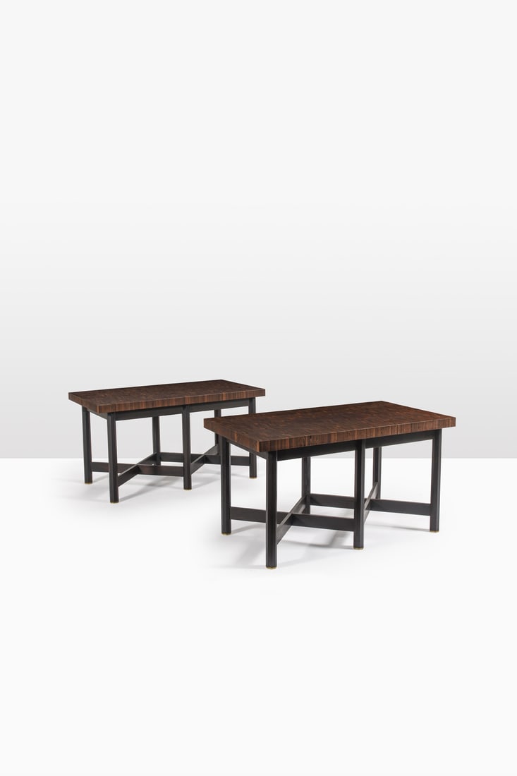 Jan Vlug (1917-1999) Pair of console-tables: Jan Vlug (1917-1999)Pair of console-tablesEnd-grain wenge wood, lacquered wood and brassModel created circa 1975H 75×L 139,5×W 74,5cm