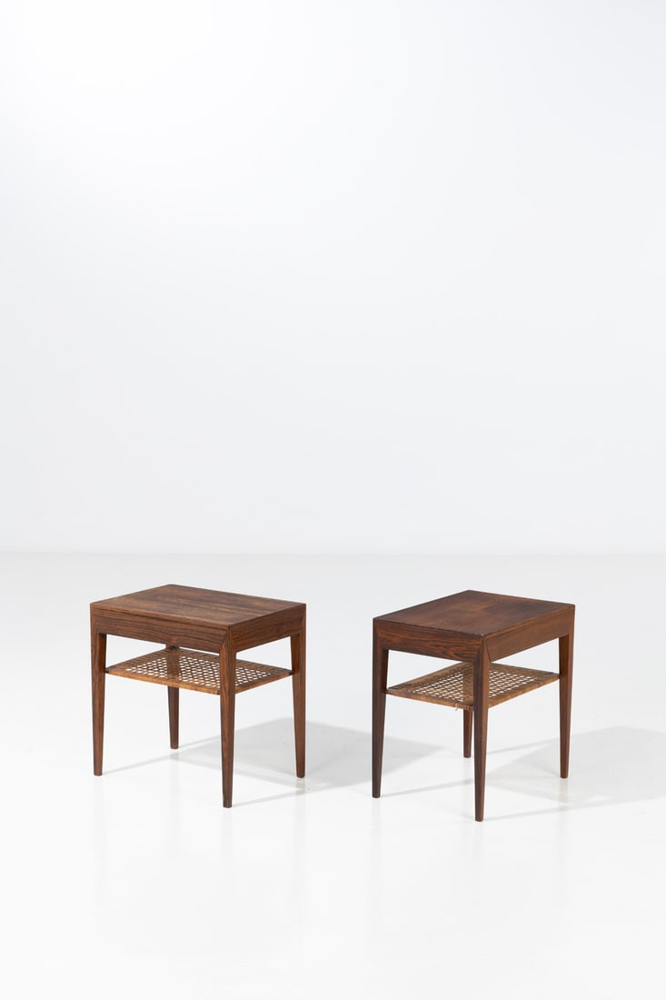 Severin Hansen (1887-1964) Pair of side tables: Severin Hansen (1887-1964)Pair of side tablesTeak and rattanEdited by Haslev Møbelsnedkeri A/SManufacturer's label on eachModel created circa 1955H 50×L 50×W 35cm