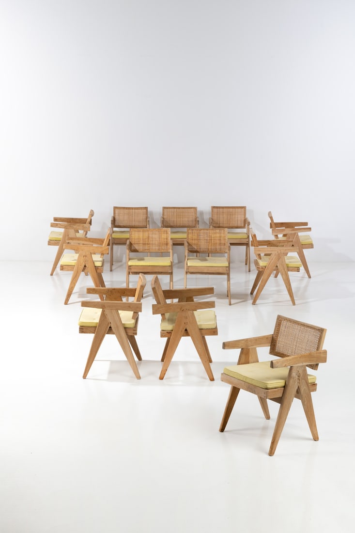 Pierre Jeanneret (1896-1967) Set of twelve 'Office chairs': Pierre Jeanneret (1896-1967)Set of twelve 'Office chairs'Sanded teak and caningModel created circa 1955H 75×L 51 ×W 52cmProvenance: Administrative buildings,Chandigarh, IndiaBibliography: L.