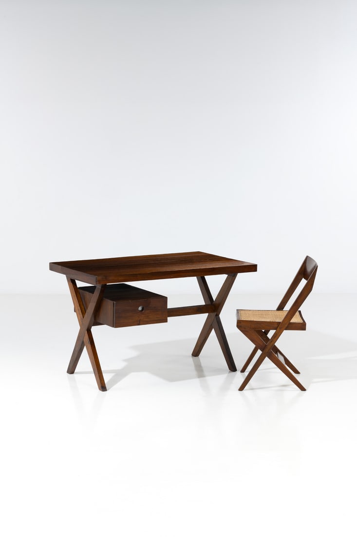 Pierre Jeanneret (1896-1967) 'Steno's desk' - Model PJ-TA-12-A and its chair: Pierre Jeanneret (1896-1967)'Steno's desk' - Model PJ-TA-12-A and its chairTeakModel created circa 1960H 70×L 111 ×W 70cm (desk)H 75×L 46×W 50cmBibliography: E. Touchaleaume and G.