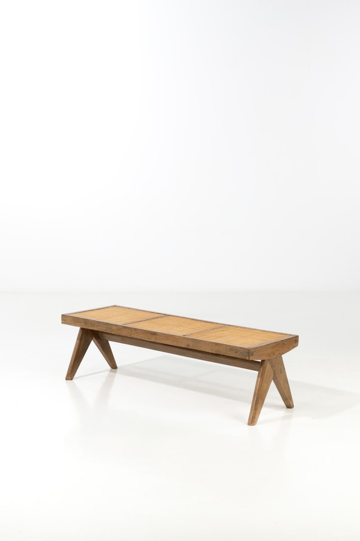 Pierre Jeanneret (1896-1967) Bench: Pierre Jeanneret (1896-1967)BenchTeak and caningPainted inventory no.Model created circa 1960H 45×L 139×W 47,5cmProvenance: Administrative buildings,Chandigarh, India.Bibliography: E. Toucha