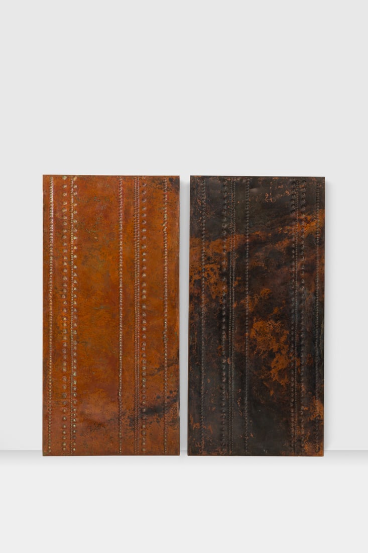 Pierre Sabatier (1925-2003) Cosmos, 1967 - Unique piece Pair of wall panels: Pierre Sabatier (1925-2003)Cosmos, 1967 - Unique piecePair of wall panelsEmbossed copper and acid-etched frescoModel created in 1967195×95cm (each panel)The buyer can be provided with an authenti