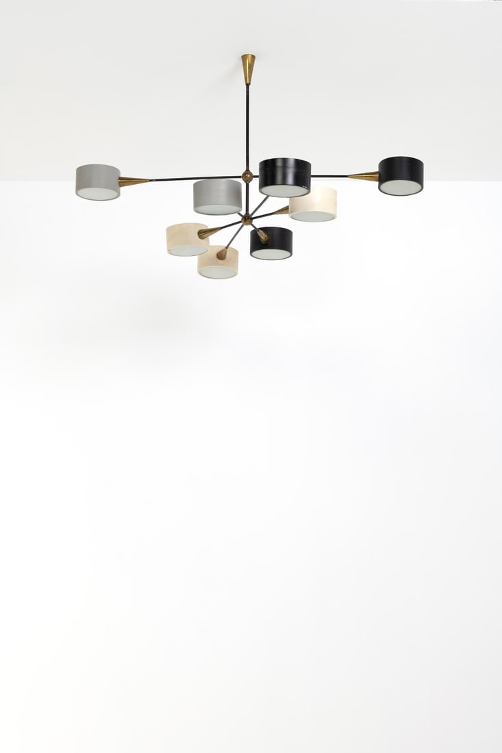 Bruno Gatta (XXe-XXIe) Suspension: Bruno Gatta (XXe-XXIe)SuspensionBrass, lacquered metal and glassEdited by StilnovoModel created circa 1960H 60×Ø 118 cm