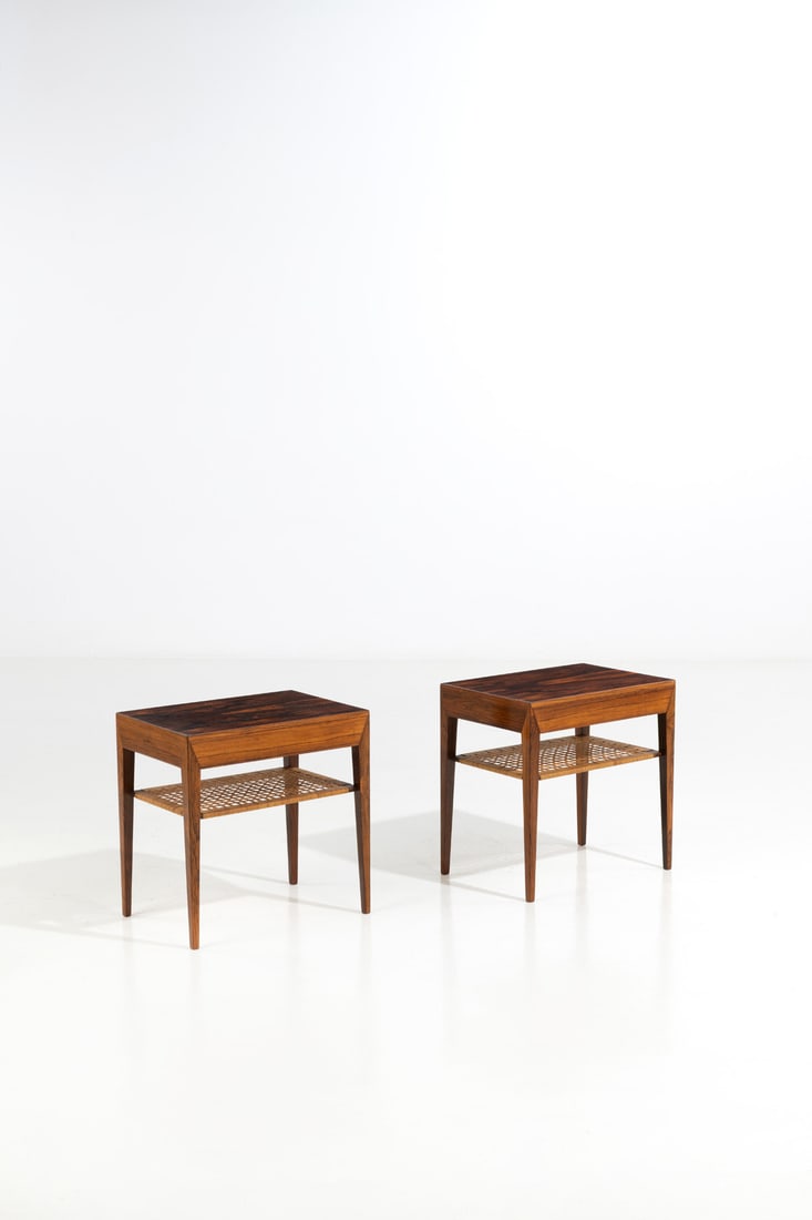 Severin Hansen (1887-1964) Pair of side tables: Severin Hansen (1887-1964)Pair of side tablesRosewood and rattanEdited by Haslev Møbelsnedkeri A/SManufacturer’s label on eachModel created circa 1955H 50×L 50×W 35cm