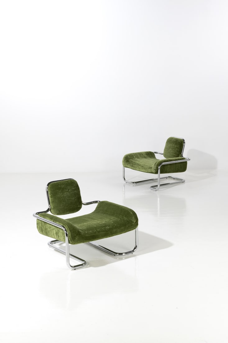 Kwok Hoï Chan (1939-1987) Pair of lounge chairs - 'Limande' model Chromed metal and Pierre (1 of 1)