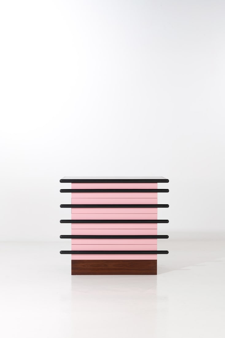 Ettore Sottsass (1917-2007) Chest of drawers - "Bastoni" model Painted wood and walnut veneer Edited: Ettore Sottsass (1917-2007)Chest of drawers - "Bastoni" modelPainted wood and walnut veneerEdited by PoltronovaModel created in 1963H 101 × L 114 × W 60cm