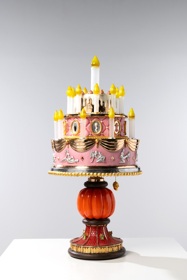 Studio Job (founded in 2000) Table lamp - "Sex Cake Lamp"model Unique piece Blown glass, Led,: Studio Job (founded in 2000)Table lamp - "Sex Cake Lamp"modelUnique pieceBlown glass, Led, polished and patinated bronze, gilded and painted aluminumModel created in 2016H 96 × Ø 45cm