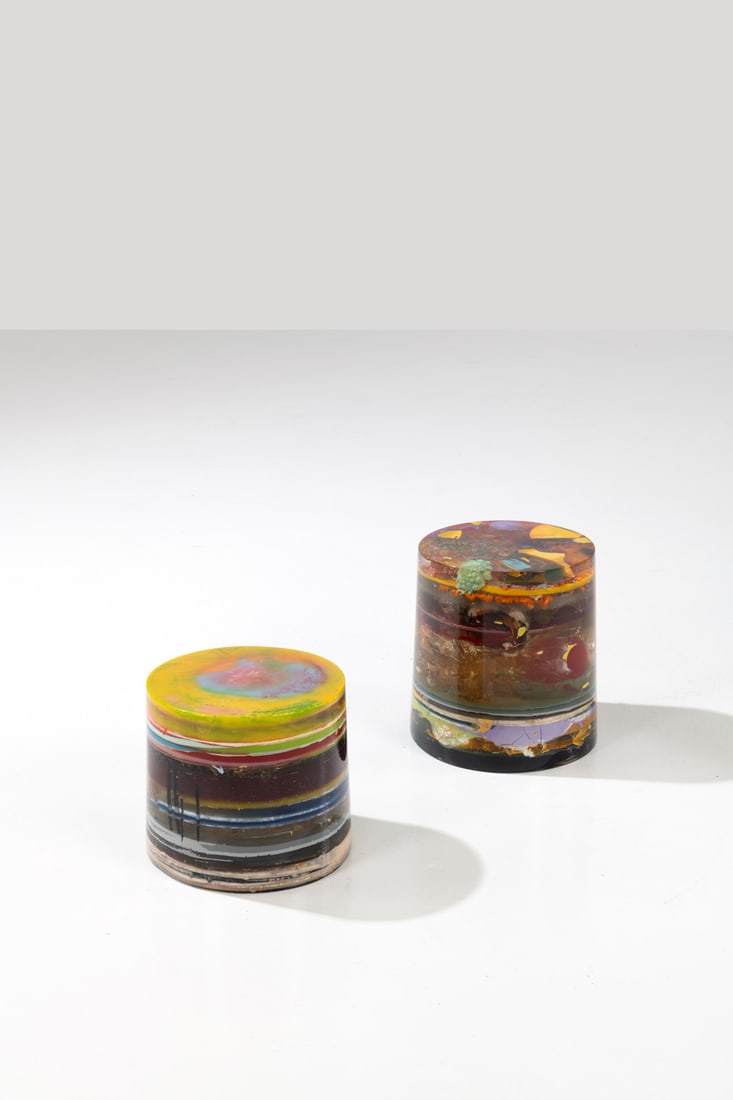 Pierre Giraudon (1923-2013) Set of two stools - Unique piece Resin Engraved and dated "Pierre: Pierre Giraudon (1923-2013)Set of two stools - Unique pieceResinEngraved and dated "Pierre Giraudon 2014"on the baseModel created in 2014H 30 ×Ø 30,5cmH 24 ×Ø27cm