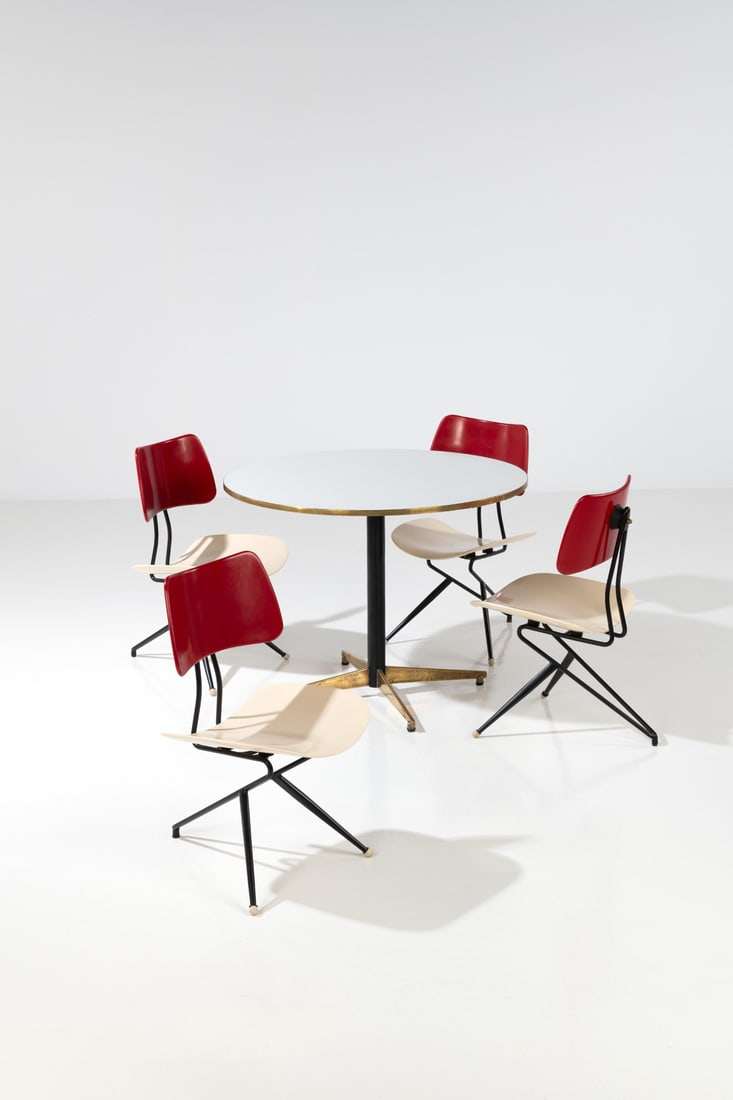 Gio Ponti (1891-1979) Set of four chairs Lacquered metal and lacquered wood: Gio Ponti (1891-1979) Set of four chairsLacquered metal and lacquered woodEdited by RimaModel created in the 1950sH 80×L 46×W 60cmBibliography:- Domus no. 263, October 1951, model illustrate