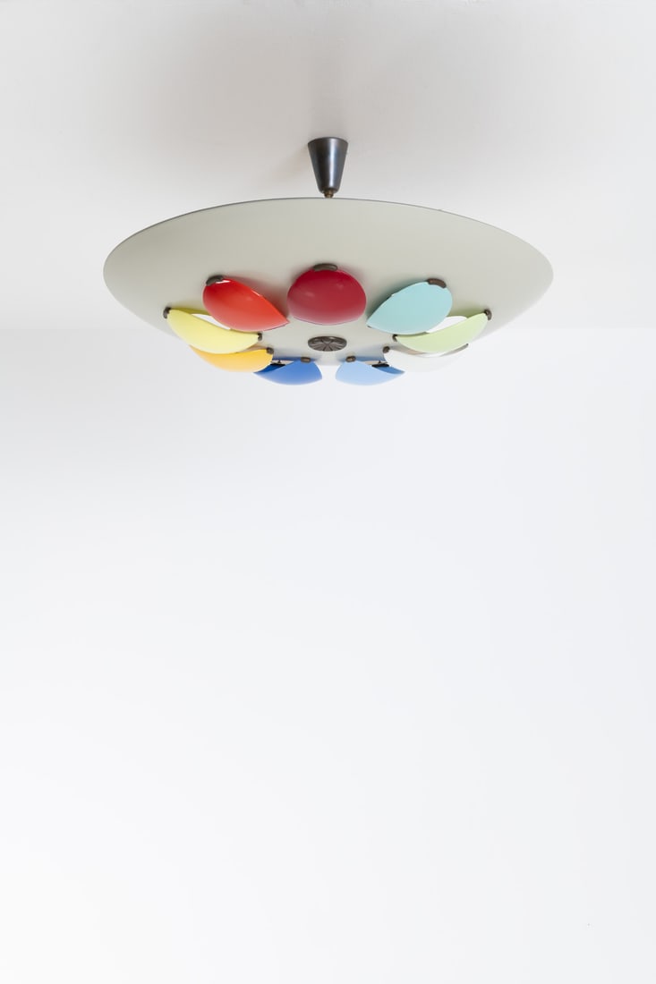 Angelo Lelii (1915-1987) Suspension - Model 12452: Angelo Lelii (1915-1987)Suspension - Model 12452Lacquered aluminum, brass, and stained methacrylateEdited by ArredoluceModel created circa 1955H 40×Ø80cmBibliography: A. Pansera, A. Padoan