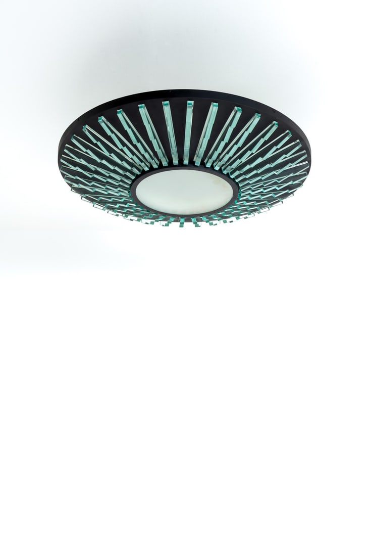 Max Ingrand (1908-1969) Ceiling lamp - Model 2077: Max Ingrand (1908-1969)Ceiling lamp - Model 2077Lacquered metal, satin glass, stained and frosted glassEdited by Fontana ArteModel created circa 1958H 34,9×Ø86,4cmBibliography: F. Deboni,