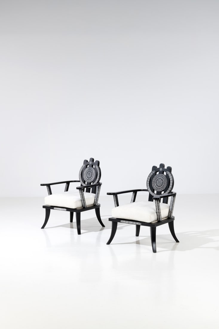 Ettore Zaccari (1877-1922) Pair of armchairs: Ettore Zaccari (1877-1922)Pair of armchairsBlackened wood and fabricModel created in the 1930sH 81 ×L 65,5×W 60cm