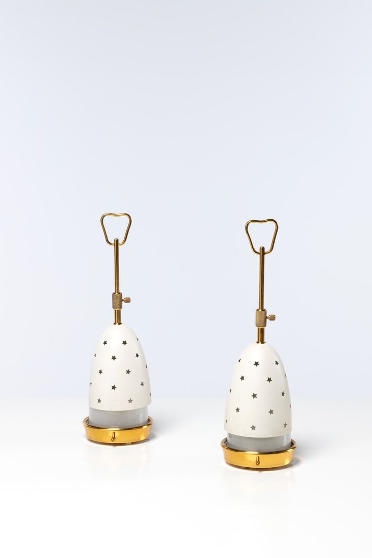 Pair of table lamps - Model 12291, 'Stelline' Brass, lacquered metal, glass: Pair of table lamps - Model 12291, 'Stelline'Brass, lacquered metal, glassEdited by ArredoluceH 35×Ø10cmBibliography:- A. Pansera, A. Padoan & A. Palmaghini, 'Arredoluce: Catalogue