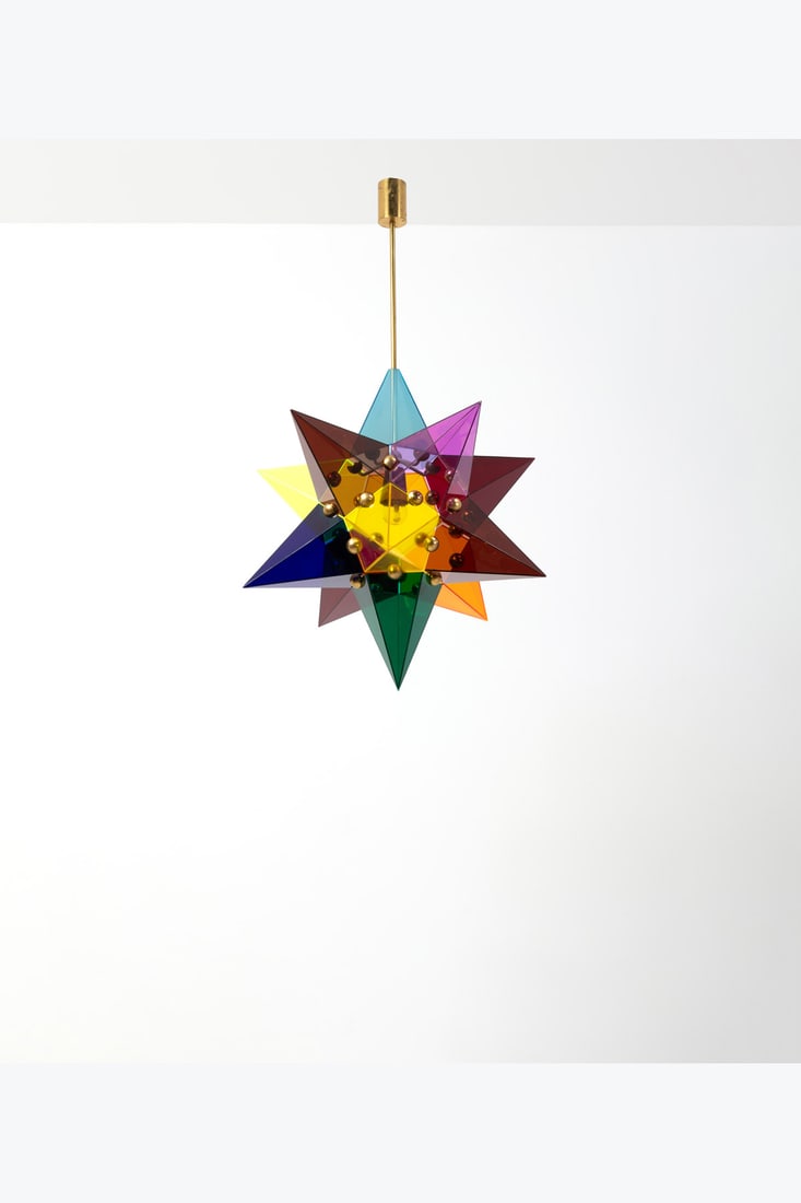 Angelo Lelii (1915-1987) Suspension: Angelo Lelii (1915-1987)SuspensionBrass, painted metal and colored acrylic glassEdited by ArredoluceModel created in the 1960sH 92×Ø62cmExpertise conducted by the Arredoluce Archives.