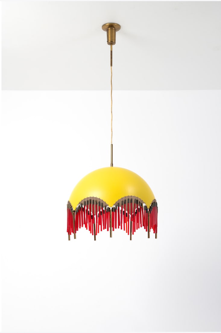 Angelo Lelii (1915-1987) Suspension: Angelo Lelii (1915-1987)SuspensionBrass, lacquered metal and stained glassEdited by ArredoluceModel created circa 1959H 111 (variable) ×Ø45cmBibliography: A. Pansera, A. Padoan & A.