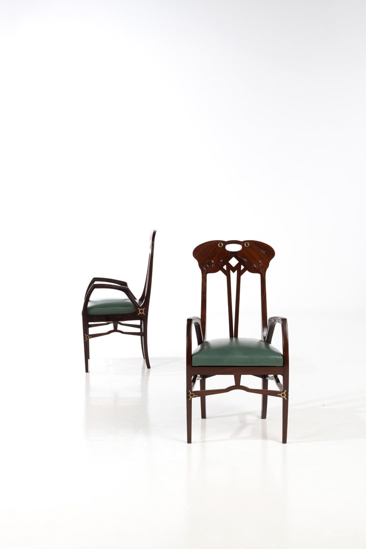 Eugenio Quarti (1867-1929) Pair of chairs - 'Poltroncina' Model Wood, brass, glass and fabric Model (1 of 3)